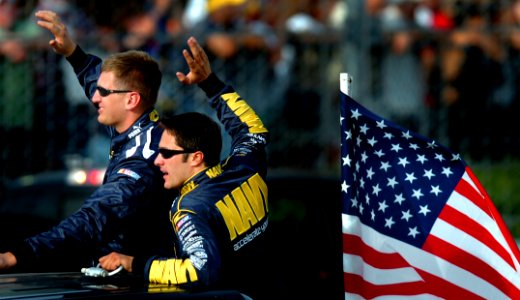 US Navy 051119-N-9769P-228 Mark McFarland, left, driver of the NASCAR Busch No. 88 Navy - Accelerate Your life