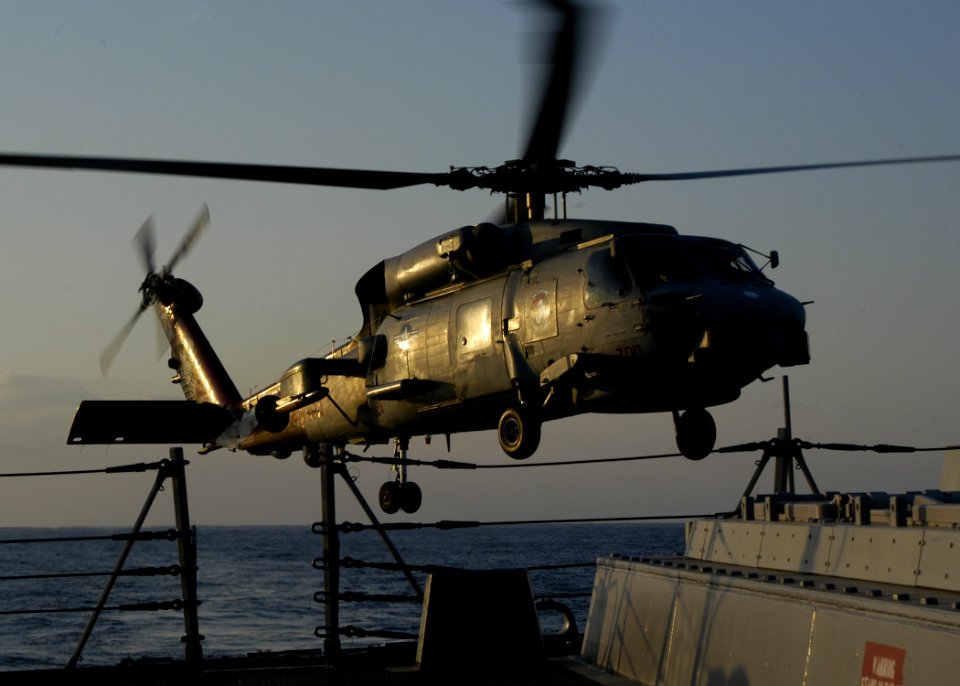 US Navy 060112-N-2385R-217 An SH-60B Seahawk helicopter, assigned to Helicopter Anti-Submarine Squadron Light Five One (HSL-51) prepares to land on the flight deck