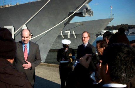 US Navy 060124-N-2385R-009 Assistant to the President and Deputy National Security Advisor, Dr. Jack D. Crouch II, answers questions from the Japanese media at the Japan Maritime Self Defense-Force Funakoshi Base in Yokosuka, J photo