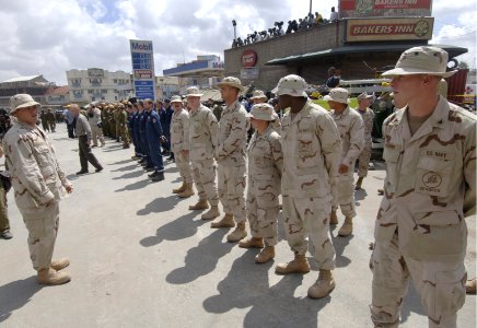 US Navy 060126-F-2902B-060 U.S. Navy Seabees prepare to take part in a memorial service for those killed in a building that collapsed on Nairobi's Ronald Ngala Street Kenya, Africa
