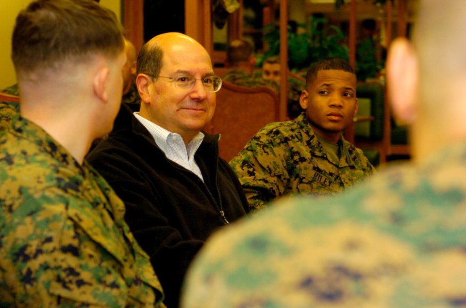 US Navy 060109-N-2568S-014 During a familiarization tour of Camp Lejeune, Secretary of the Navy (SECNAV) Dr. Donald C. Winter has breakfast with Marines assigned to 1st Battalion, 6th Marines