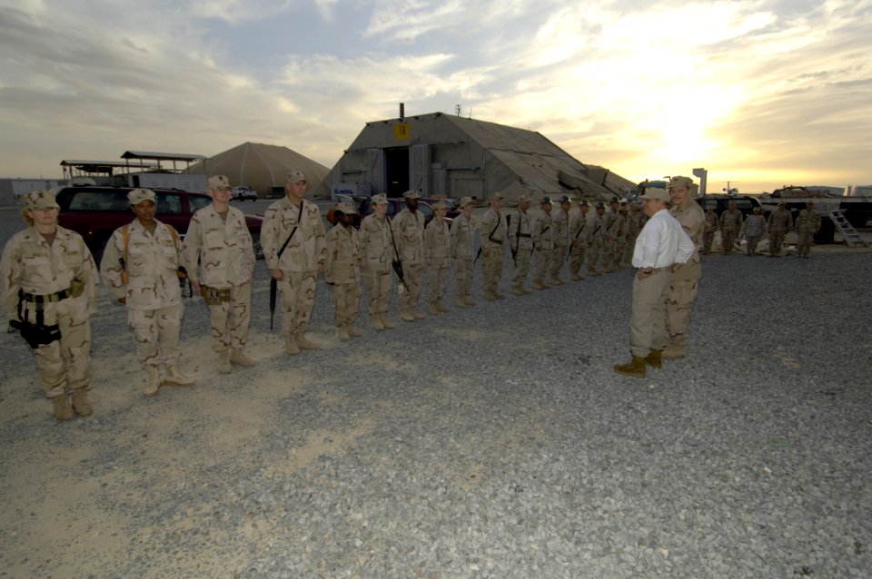 US Navy 060127-N-2568S-002 Secretary of the Navy (SECNAV) Dr. Donald C. Winter, meets with Sailors of the Year and Sailors of the Quarter from various units assigned throughout Kuwait