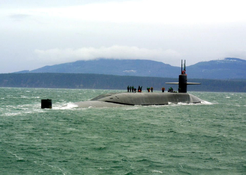 US Navy 060129-N-1464F-003 The guided missile submarine USS Ohio (SSGN 726) prepares to stop for a personnel transfer in Puget Sound, Washington