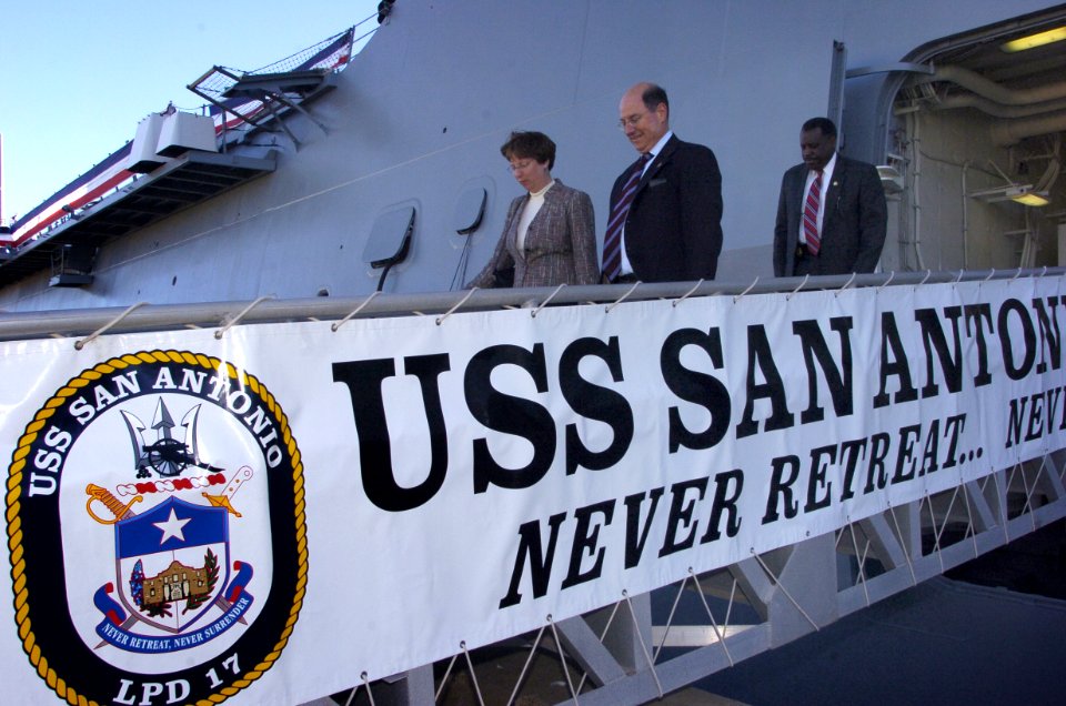 US Navy 060113-N-2568S-153 Secretary of the Navy Dr. Donald C. Winter, accompanied by his wife, Linda, depart the amphibious transport dock ship USS San Antonio (LPD 17)