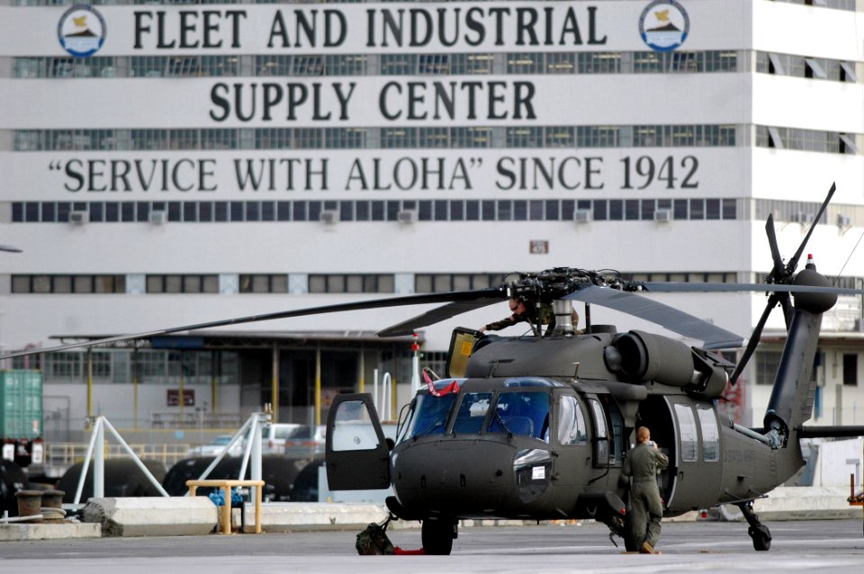US Navy 060117-N-3019M-002 A U.S. Army UH-60 Blackhawk helicopter prepares to take off from Fleet Industrial and Supply Center