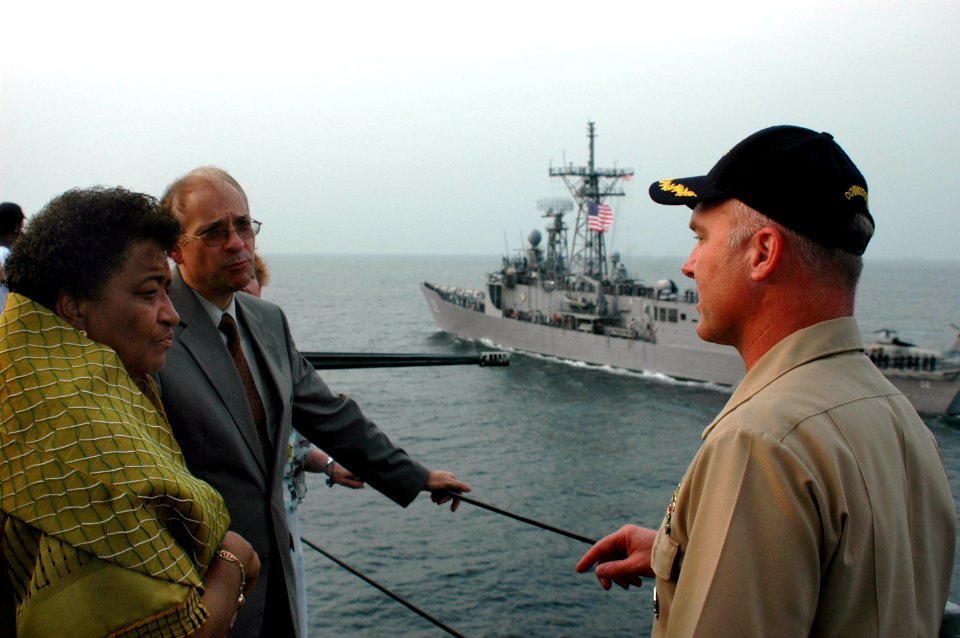 US Navy 060117-N-8637R-002 The newly elected president of Liberia, Ellen Johnson Sirleaf, tours the U.S. Navy's Sixth Fleet command and control ship USS Mount Whitney (LCC 20)