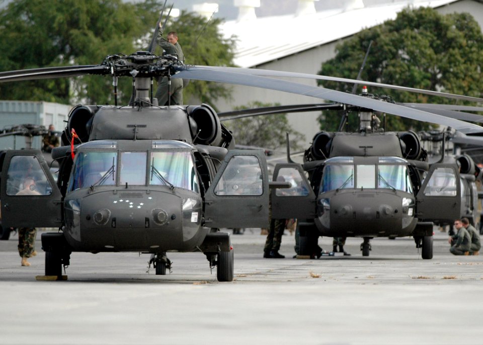 US Navy 060117-N-3019M-003 U.S. Army UH-60 Blackhawk helicopters prepare to take off from Fleet Industrial and Supply Center