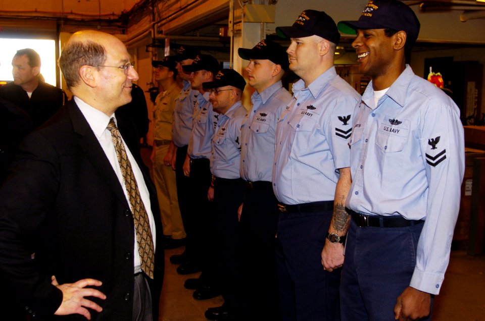 US Navy 060119-N-2568S-076 Secretary of the Navy (SECNAV), the Honorable, Dr. Donald C. Winter meets with Sailors on board Naval Submarine Support Facility, during a tour of Submarine Base New London