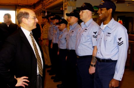 US Navy 060119-N-2568S-076 Secretary of the Navy (SECNAV), the Honorable, Dr. Donald C. Winter meets with Sailors on board Naval Submarine Support Facility, during a tour of Submarine Base New London