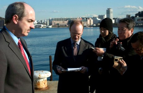 US Navy 060124-N-2385R-008 Assistant to the President and Deputy National Security Advisor, Dr. Jack D. Crouch II, answers questions from the Japanese media at the Japan Maritime Self Defense-Force Funakoshi Base in Yokosuka, J photo