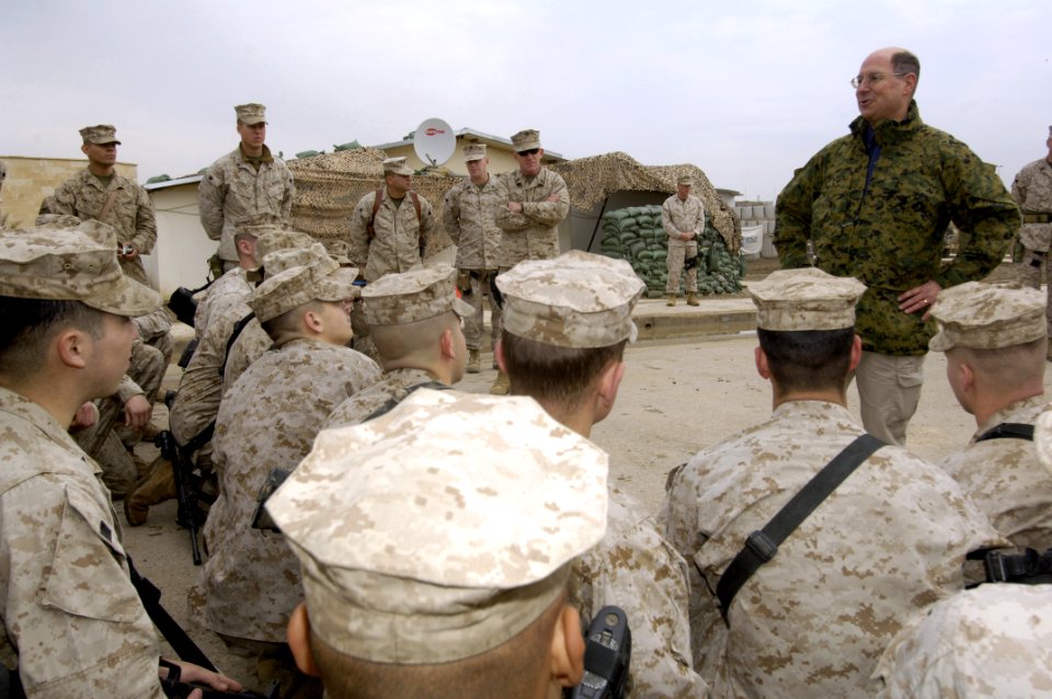 US Navy 060128-N-2568S-090 Secretary of the Navy (SECNAV) Dr. Donald C. Winter addresses Marines assigned to the 3rd Battalion, 7th Marines about their missions and to find out how things are going