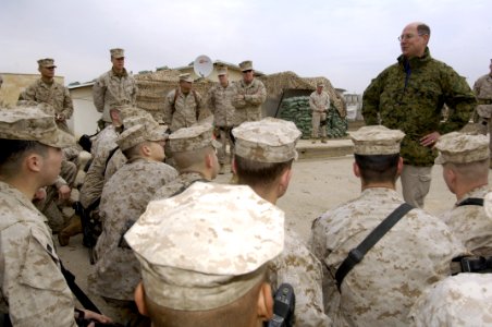 US Navy 060128-N-2568S-090 Secretary of the Navy (SECNAV) Dr. Donald C. Winter addresses Marines assigned to the 3rd Battalion, 7th Marines about their missions and to find out how things are going