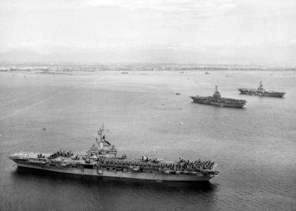 USS Essex (CVA-9) Yorktown (CVA-10) Kearsarge (CVA-33) at Manila Jan 1955