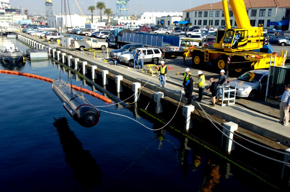 US Navy 060130-N-7676W-028 The Seahorse-class Autonomous Underwater Vehicle (AUV) from the applied research laboratory at Penn State University is lowered into the water prior to undergoing launch and recovery testing