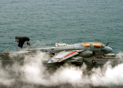 US Navy 060204-N-5832A-006 An EA-6B Prowler assigned to the Shadowhawks of Electronic Attack Squadron One Four One (VAQ-141) prepares to launch off the flight deck aboard the Nimitz-class aircraft carrier USS Theodore Roosevelt