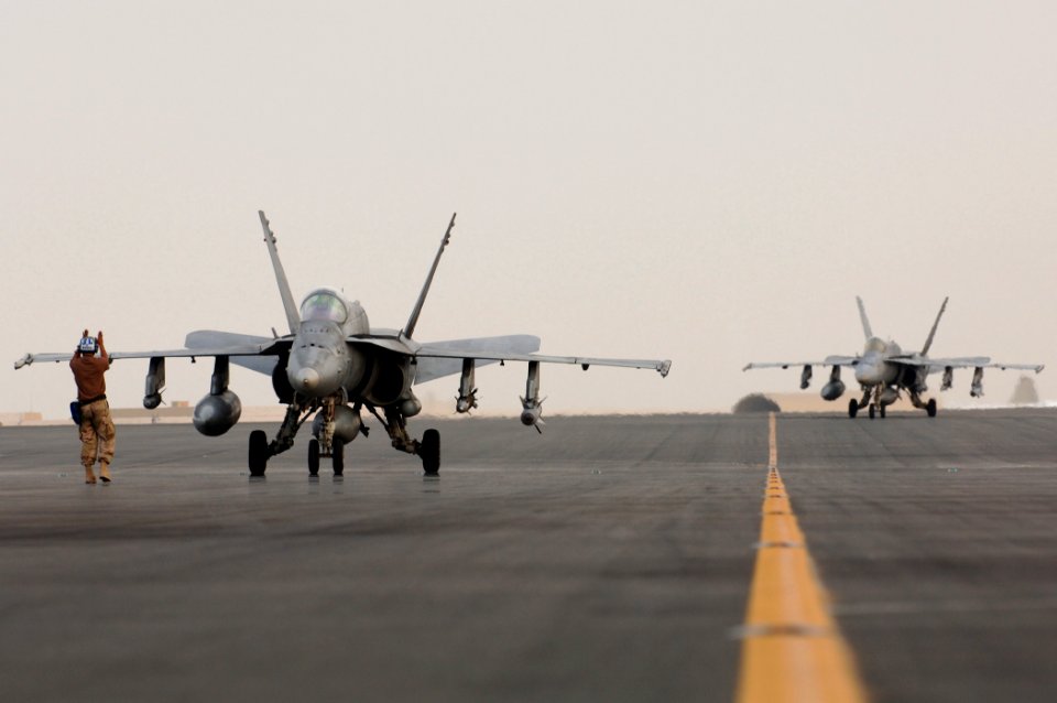 US Navy 060207-F-3488S-067 Two Navy F-A-18C Hornets assigned to Strike Fighter Squadron One Five (VFA-15)