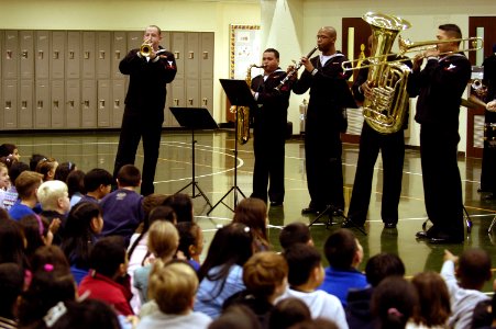 US Navy 060120-N-1194D-004 The Seventh Fleet Band plays a Dixieland jazz medley during a rousing concert for the children of Sasebo Elementary School