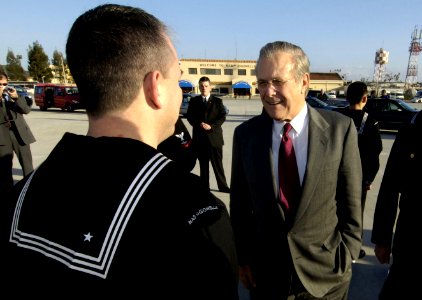 US Navy 060211-N-0696M-371 Secretary of Defense (SECDEF) the Honorable Donald H. Rumsfeld, visits U.S. Navy Sailors at Naval Air Station Sigonella, Sicily