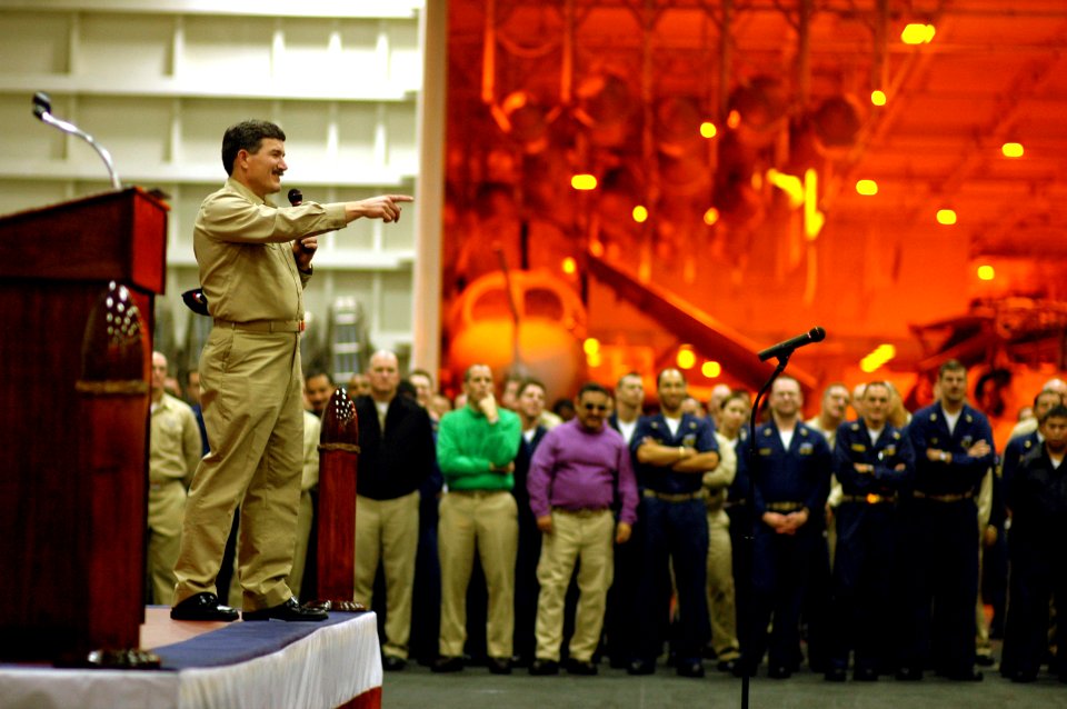 US Navy 060312-N-7130B-066 Master Chief Petty Officer of the Navy (MCPON) Terry Scott speaks with Sailors in the hangar bay aboard the Nimitz-class aircraft carrier USS Ronald Reagan (CVN 76)