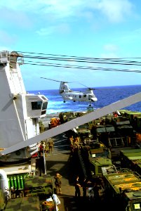 US Navy 060219-N-4772B-034 A CH-46E Sea Knight assigned to the Flying Tigers of Marine Medium Helicopter Squadron 262 (HMM-262), departs the dock landing ship USS Harpers Ferry (LSD 49)
