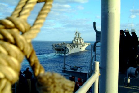 US Navy 060205-N-4772B-065 The amphibious dock landing ship USS Harpers Ferry (LSD 49) makes her approach to the amphibious assault ship USS Essex (LHD 2) for a scheduled underway replenishment (UNREP)