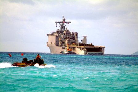 US Navy 060322-N-4772B-050 An Amphibious Assault Vehicle (AAV) assigned to the 31st Marine Expeditionary Unit (MEU) approaches the well deck of the amphibious dock landing ship USS Harpers Ferry (LSD 49)