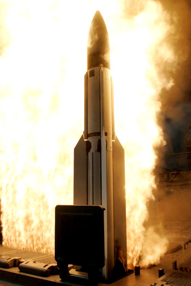 US Navy 060308-N-0000X-002 A Standard Missile 3 (SM-3) is launched from the Ticonderoga-class cruiser USS Lake Erie (CG 70)