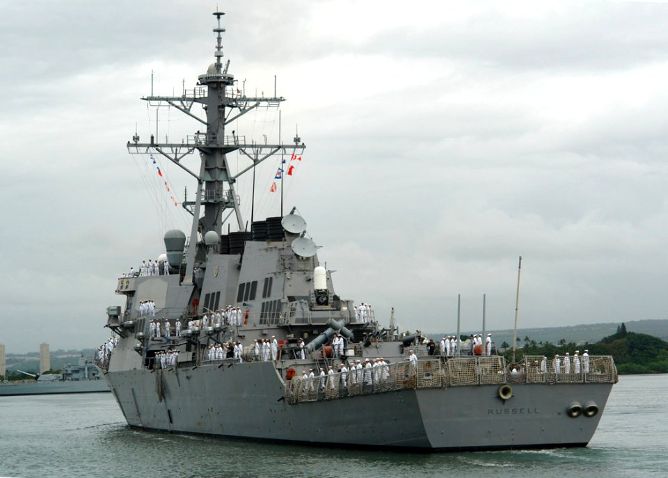 US Navy 060309-N-9643K-001 The guided missile destroyer USS Russell (DDG 59) departs Pearl Harbor for a scheduled six-month deployment