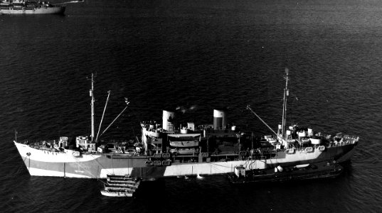 USS Fergus (APA-82) at anchor, in February 1945 (19-LCM-APA82-1)