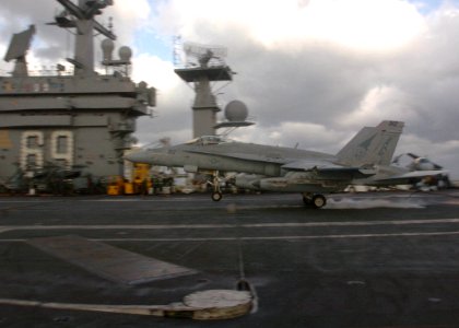 US Navy 060307-N-7359L-006 An F-A-18C Hornet assigned to Strike Fighter Squadron Eight Three (VFA-83) makes an arrested landing aboard the Nimitz-class aircraft carrier USS Dwight D. Eisenhower (CVN 69)