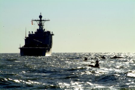 US Navy 060330-N-4772B-151 Amphibious Assault Vehicles (AAV) assigned to the 31st Marine Expeditionary Unit (MEU) makes their way to the well deck aboard the amphibious dock landing ship USS Harpers Ferry (LSD 49)