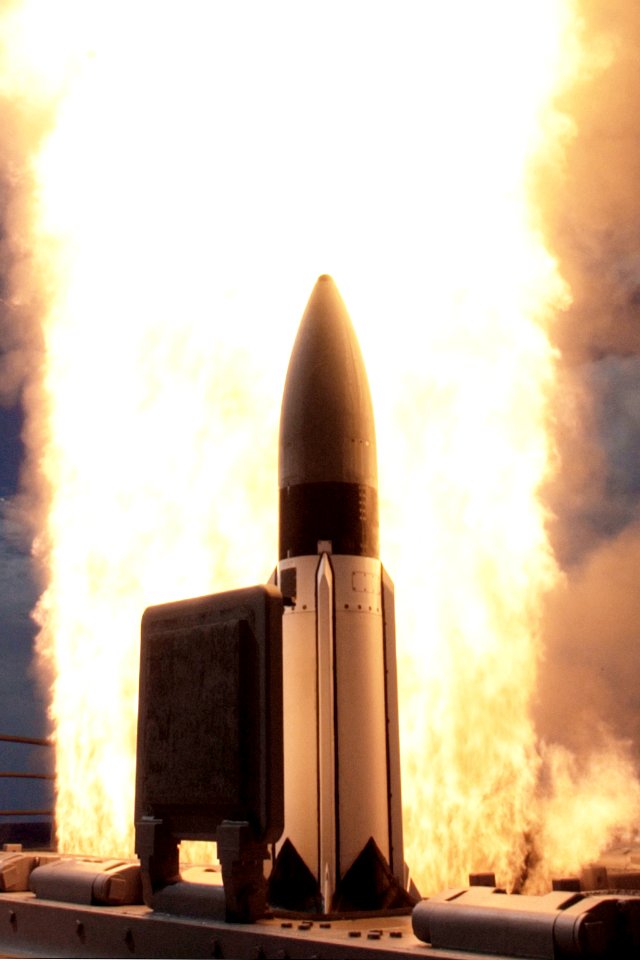 US Navy 060308-N-0000X-001 A Standard Missile Three (SM-3) is launched from the Ticonderoga-class cruiser USS Lake Erie (CG 70) during a Missile Defense Agency, and Japan Defense Agency cooperative flight test mission