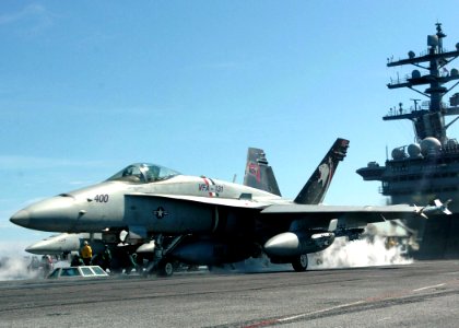 US Navy 060308-N-7359L-005 An F-A-18C Hornet launches from the flight deck of the Nimitz-class aircraft carrier USS Dwight D. Eisenhower (CVN 69)