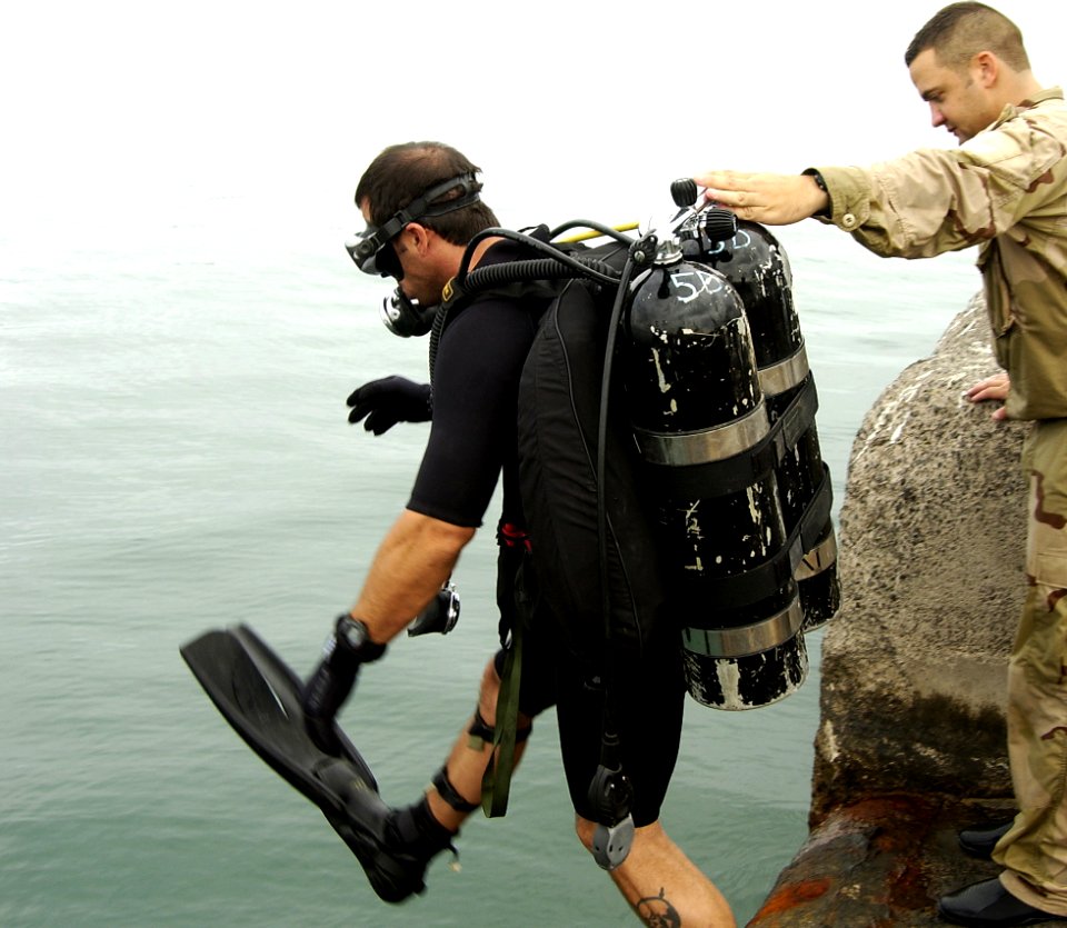 US Navy 060313-F-9074R-017 A U.S. Navy explosive ordnance disposal (EOD) Sailor performs a routine force protection dive at the Port of Djibouti