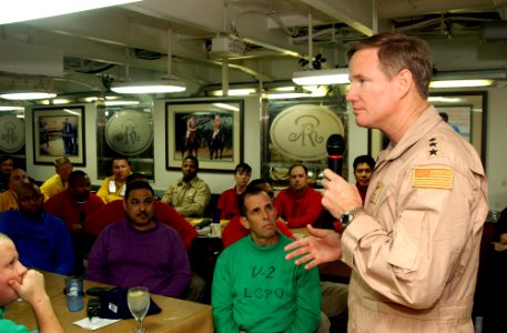 US Navy 060227-N-4776G-103 Commander, U.S. Naval Forces Central Command, Vice Adm. Patrick M. Walsh, speaks to a group of chief petty officers
