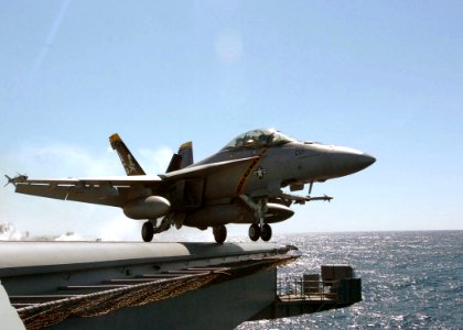 US Navy 060308-N-7359L-004 An F-A-18 Super Hornet launches from the flight deck aboard the Nimitz-class aircraft carrier USS Dwight D. Eisenhower (CVN 69)