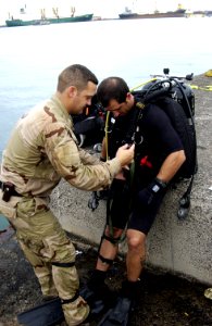 US Navy 060313-F-9074R-016 U.S. Navy explosive ordnance disposal (EOD) Sailors perform an equipment check prior to performing a routine force protection dive at the Port of Djibouti