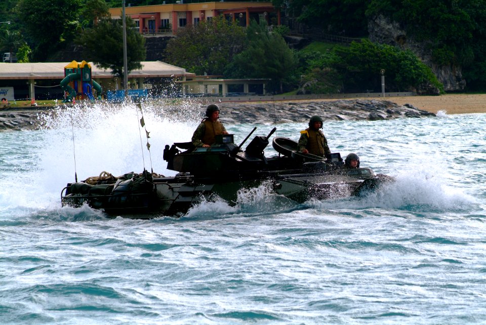 US Navy 060322-N-4772B-019 An Amphibious Assault Vehicle (AAV) assigned to the 31st Marine Expeditionary Unit (MEU) departs the beach bound for the amphibious dock landing ship USS Harpers Ferry (LSD 49)