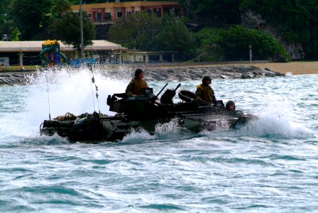 US Navy 060322-N-4772B-019 An Amphibious Assault Vehicle (AAV) assigned to the 31st Marine Expeditionary Unit (MEU) departs the beach bound for the amphibious dock landing ship USS Harpers Ferry (LSD 49)