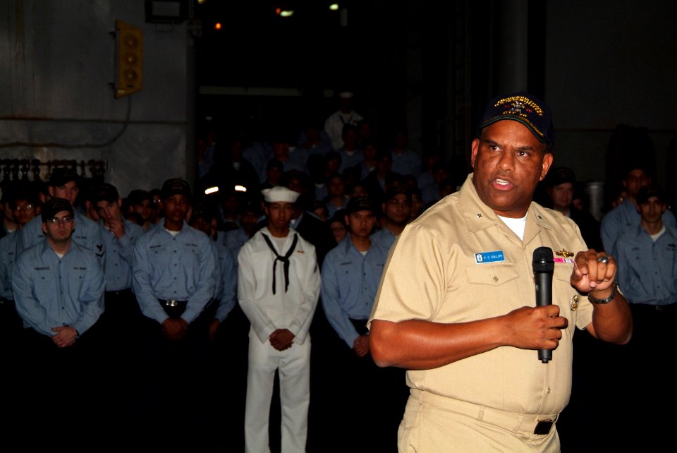 US Navy 060407-N-4772B-083 Commander, Amphibious Force, 7th Fleet, Rear Adm. Victor Guillory address the crew of the amphibious dock landing ship USS Harpers Ferry (LSD 49)