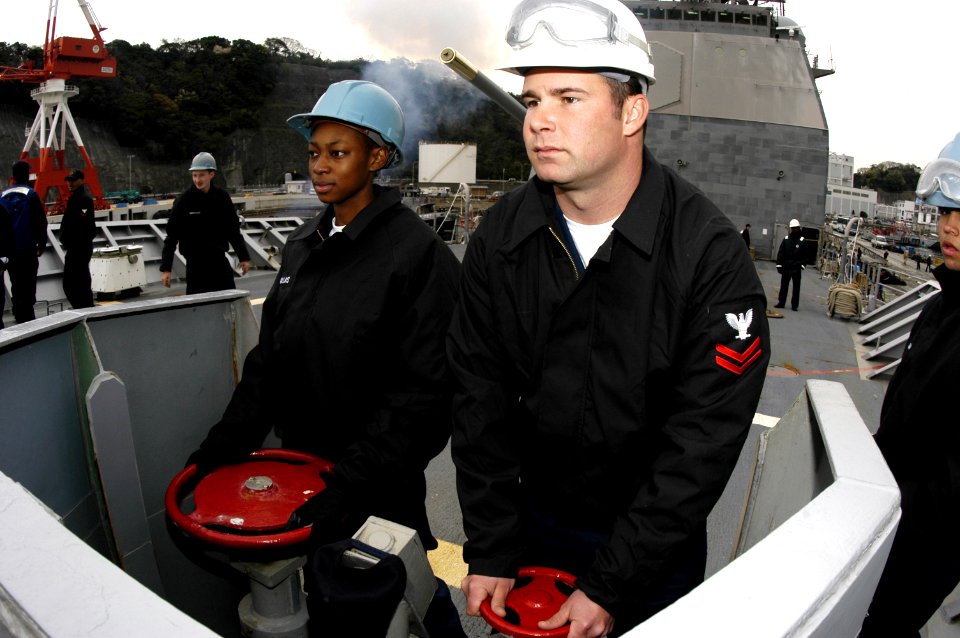 US Navy 060406-N-2385R-366 Boatswain's Mate Seaman Tiffany Dallas and Boatswain's Mate 2nd Class Corey S. Masterson operate the anchor brake system