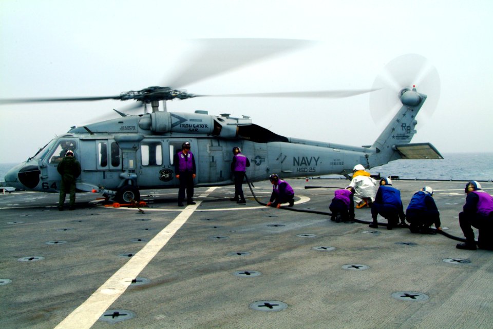 US Navy 060410-N-4772B-097 A refueling crew refuels an MH-60S Seahawk helicopter on the flight deck of the amphibious dock landing ship USS Harpers Ferry (LSD 49)