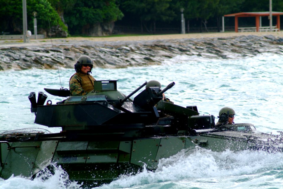 US Navy 060322-N-4772B-064 An Amphibious Assault Vehicle (AAV) assigned to the 31st Marine Expeditionary Unit (MEU) leaves the beach to head towards the amphibious dock landing ship USS Harpers Ferry (LSD 49)