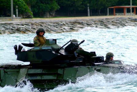 US Navy 060322-N-4772B-064 An Amphibious Assault Vehicle (AAV) assigned to the 31st Marine Expeditionary Unit (MEU) leaves the beach to head towards the amphibious dock landing ship USS Harpers Ferry (LSD 49)