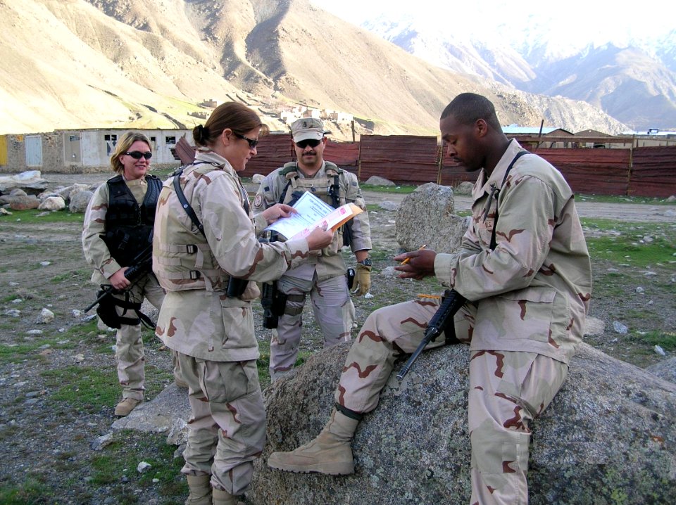 US Navy 060329-N-9999X-002 Master-at-Arms 1st Class Daniels prepares to take the E-7 Navy-wide semiannual rating exam in a secure area of Afghanistan