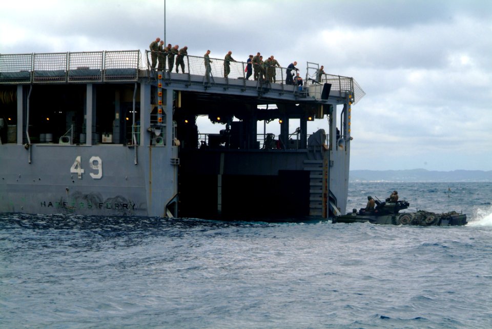 US Navy 060322-N-4772B-111 An Amphibious Assault Vehicle (AAV) assigned to the 31st Marine Expeditionary Unit (MEU) prepares to enter the well deck of the amphibious dock landing ship USS Harpers Ferry (LSD 49)