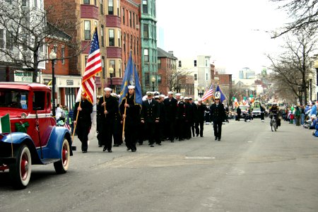 US Navy 060319-N-8110K-003 South Boston citizens cheer Sailors stationed aboard the guided-missile cruiser USS Philippine Sea (CG 58), as they march in Boston's 105th Annual St. Patrick's Day parade photo