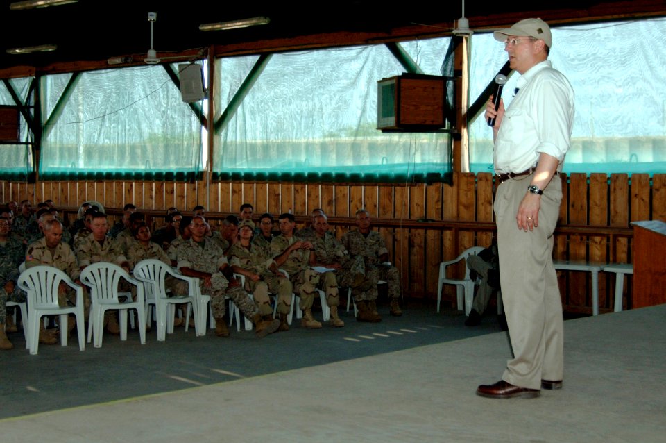 US Navy 060420-N-9500T-001 Secretary of the Navy (SECNAV) the Honorable Dr. Donald C. Winter addresses Sailors, Soldiers, Airmen and Marines during a brief stop at Camp Lemonier, Djibouti