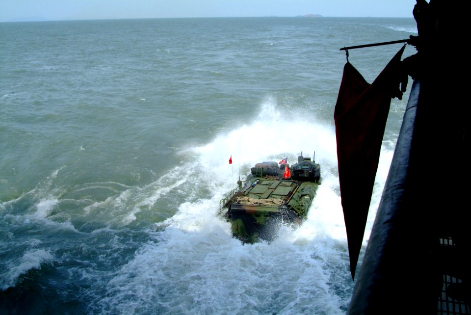 US Navy 060329-N-4772B-143 An Amphibious Assault Vehicle (AAV) from the 31st Marine Expeditionary Unit (MEU) departs the well deck of the amphibious dock landing ship USS Harpers Ferry (LSD 49)