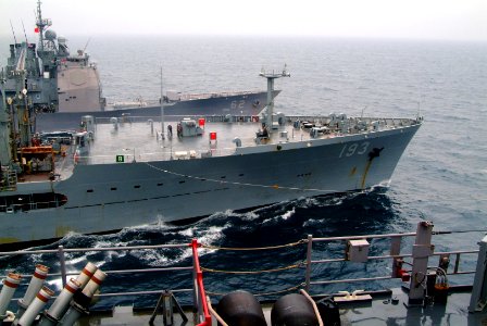 US Navy 060401-N-4772B-126 The amphibious dock landing ship USS Harpers Ferry (LSD 49) refuels with the Military Sealift Command (MSC) underway replenishment oiler USNS Walter S. Diehl (T-AO 193)